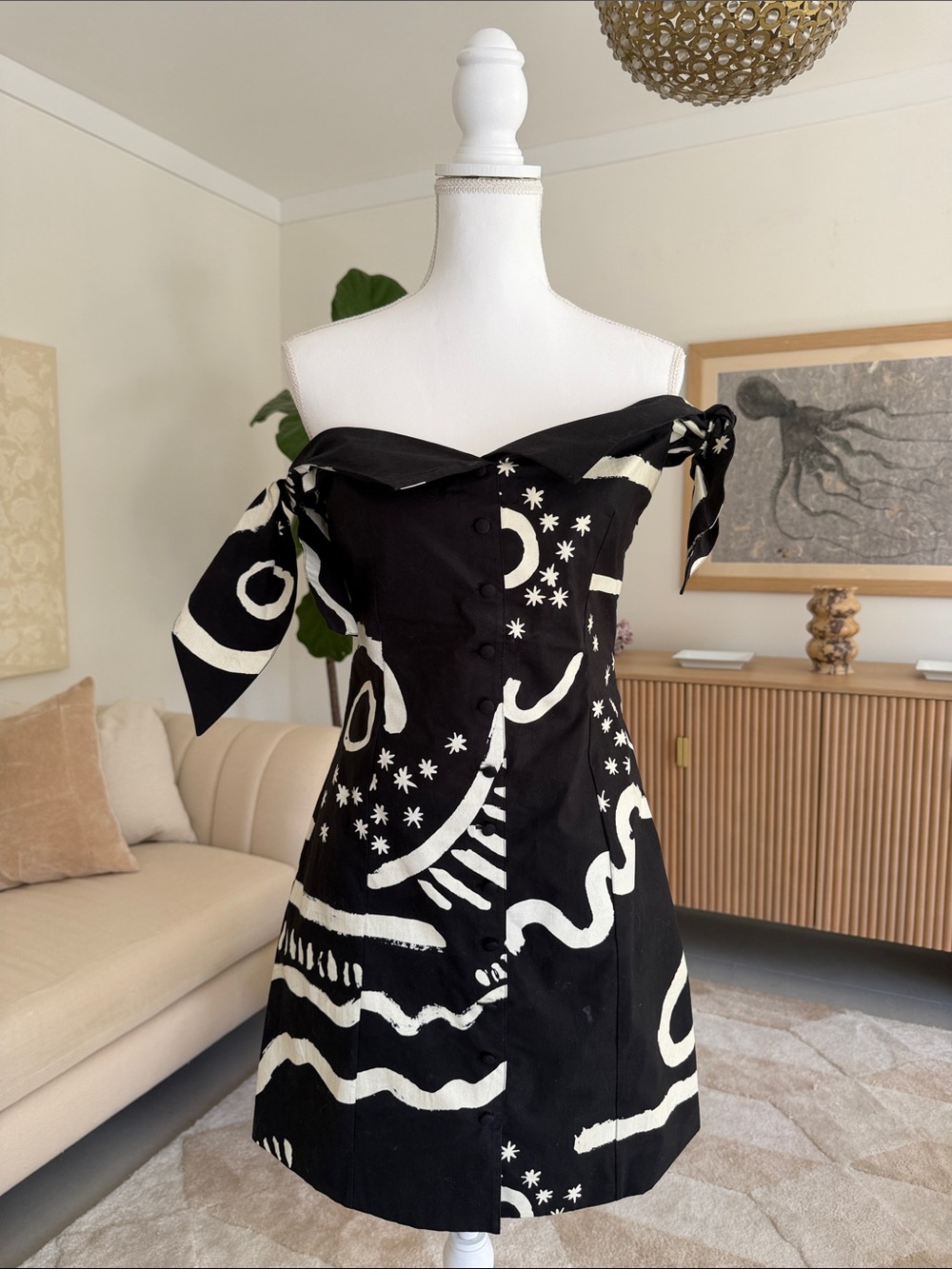 One-Shoulder Black & Cream Graphic Tie-Shoulder Dress